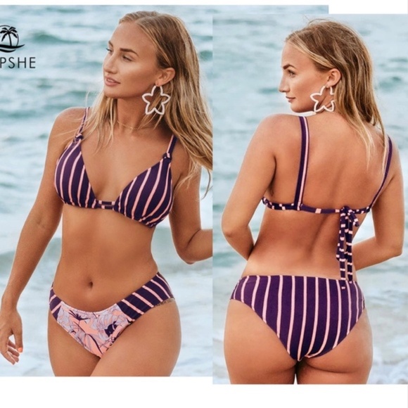 Cupshe Purple Pink Stripe & Floral Mid-Waisted Bikini Set - Size M - Picture 1 of 11